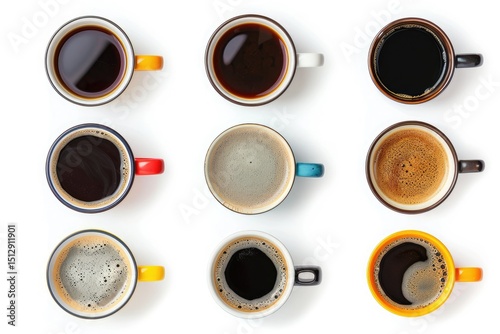 flawless picture of coffee cup assortment top view collection isolated on white background