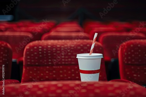 Selective focus on empty disposal cup of soda with red cinema seats in the background
