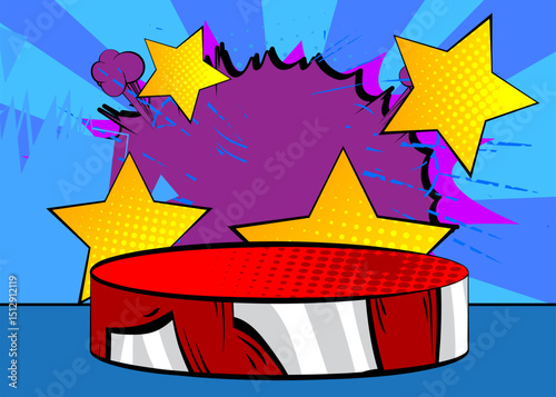 Comic Book Product podium stage for mockup presentation with Star. Retro comics background.