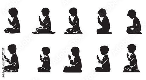 Young boys praying silhouettes diverse poses