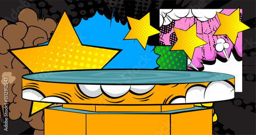 Comic Book Product podium stage for mockup presentation with Star. Retro comics background.