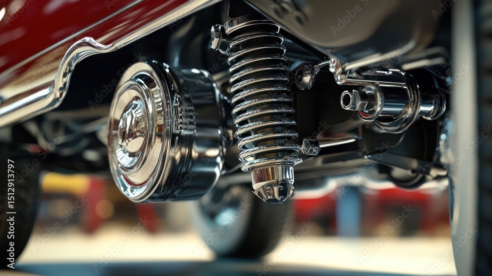 Obraz premium Intricate Undercarriage: Chromed Suspension and Automotive Engineering Details