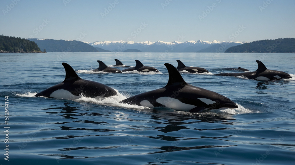 Fototapeta premium A pod of killer whales (or orcas) swimming together