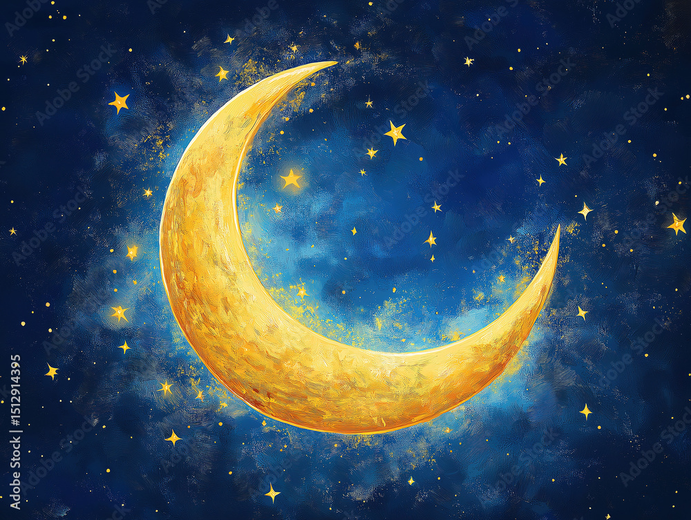 Naklejka premium Royal blue backdrop with golden crescent moon and star accents