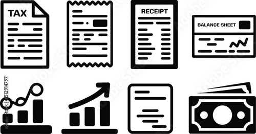 A collection of financial icons including tax forms, receipts, balance sheets, and growth charts displayed