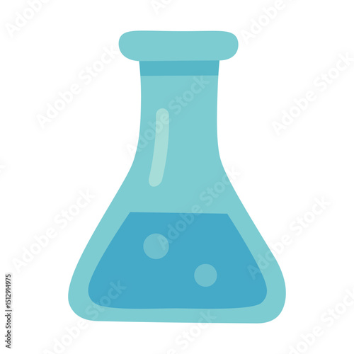Vector illustration of a blue laboratory flask with liquid and bubbles, isolated on white background.