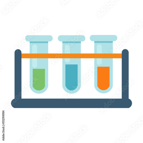 Colorful vector illustration of three test tubes in a stand, isolated on white background.