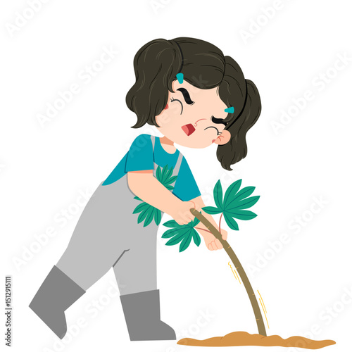 Cute asian girl is pulling up cassava in farmland in harvestmoon
