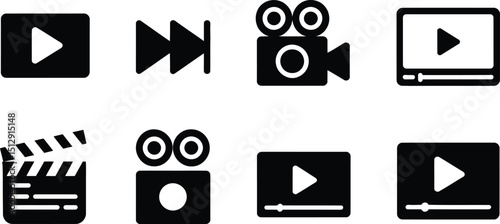 Illustration of eight black video and film related icons on a white background in a flat design style