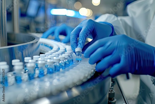 Closeup of Hands in Blue Gloves Inspecting Vials in Advanced Medical Facility