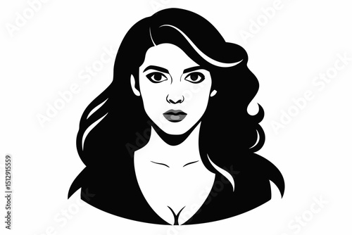 Stylized portrait of a woman with flowing dark hair  vector, silhouette, illustration, horizontal, isolated assets, 
