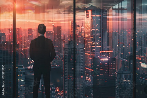 Detailed Picture of Businessman Looking at City Through Office Window