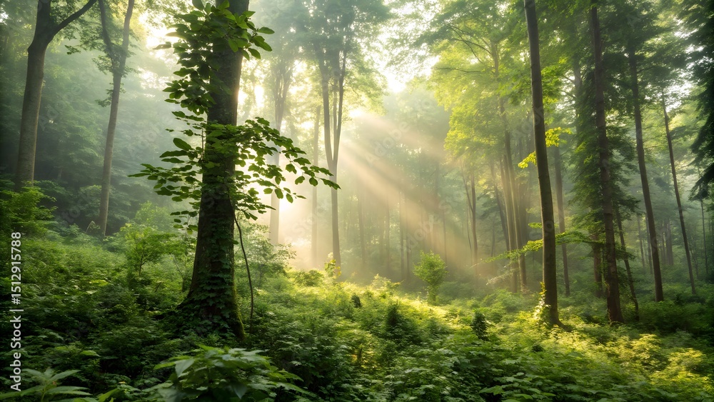 Fototapeta premium Mystical Forest Sunrays Nature Scene