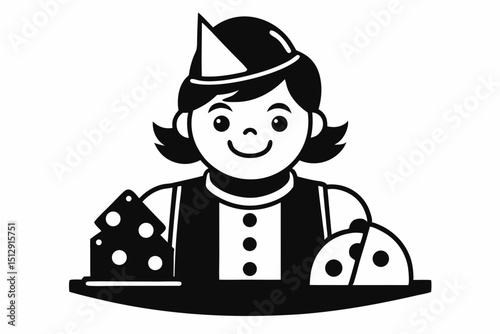 A girl with party hat and cheese on a platter  vector, silhouette, illustration, horizontal, isolated assets, 