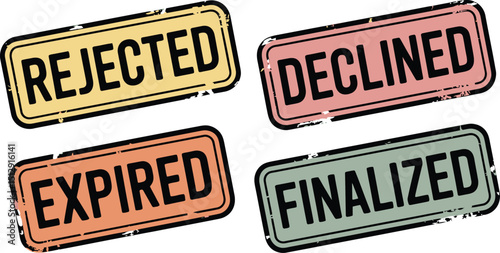 Four status labels showing rejected declined expired and finalized on a white background surface design
