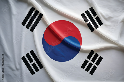 South korean flag waving in the wind, close up shot