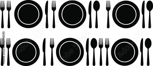 A symmetrical arrangement of plates, forks, knives, and spoons on a white background, repeated patterns