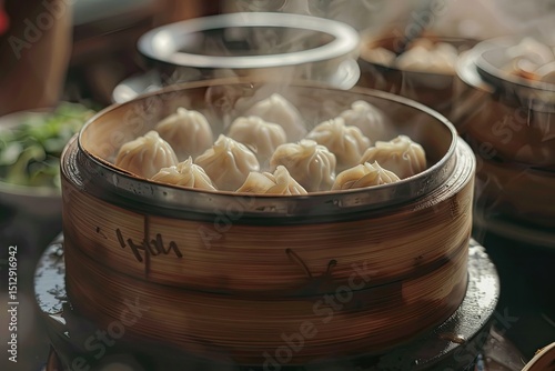 High Definition View of Photograph of Chinese Steamed Dumpling Foods in Restaurant Setting
