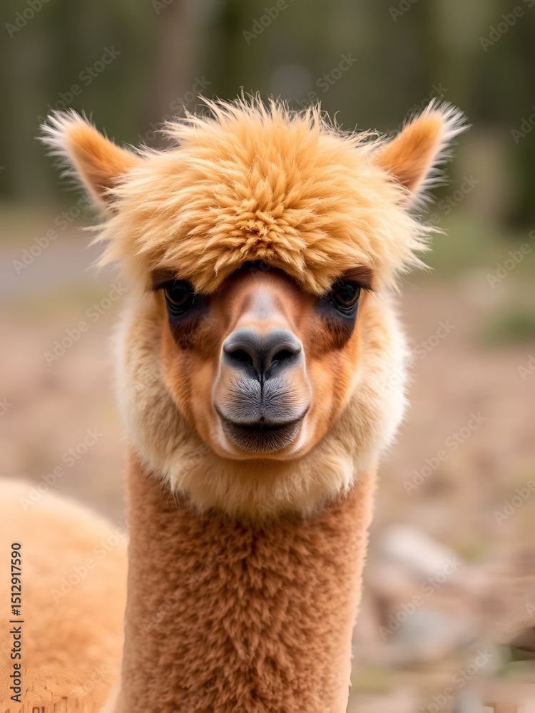 Obraz premium An apricot coloured Alpaca, recently sheared but still with tufty head in Charnwood Forest, UK on a spring day, shot with face focus and blurred background