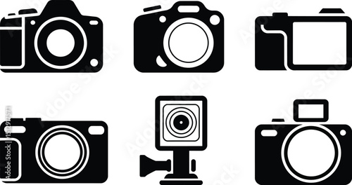 Collection of six camera icons in black silhouette on a white background depicting various camera types