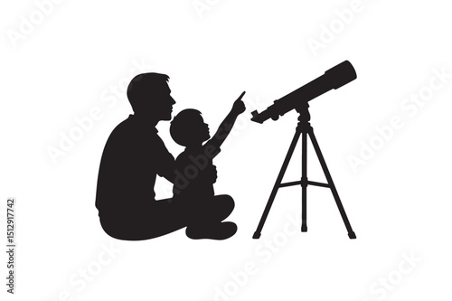 Dad and child stargazing silhouette vector art illustration on white background