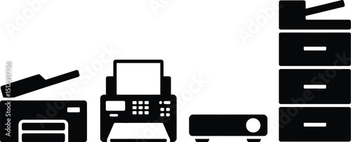 Illustration of office equipment including a printer, fax machine, projector, and filing cabinet in black