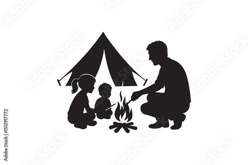 Dad and kids camping silhouette vector art illustration on white background
