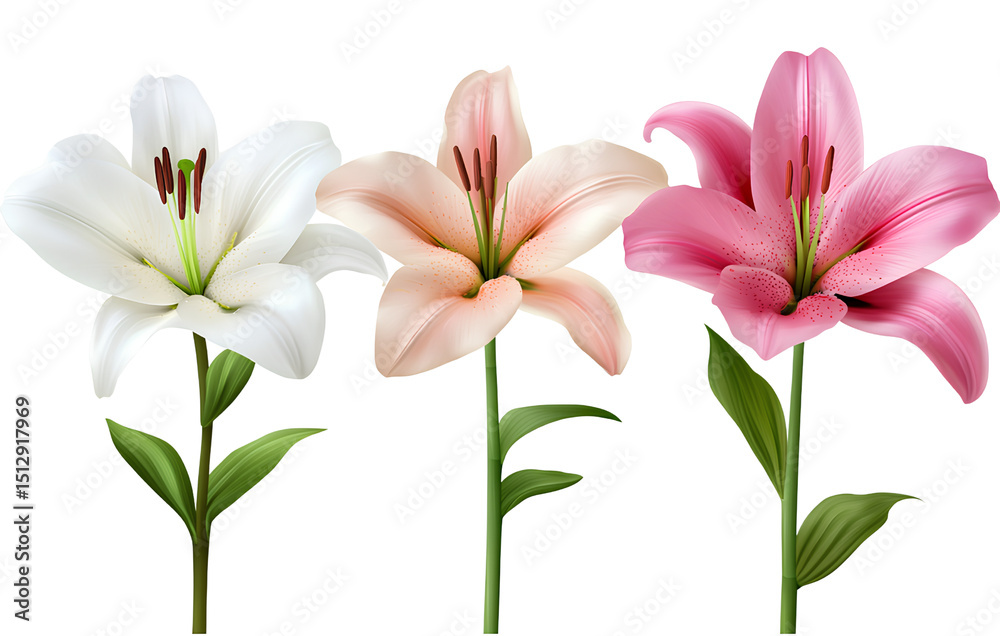 Fototapeta premium Three different realistic lily flowers, in pink and white colors, on a transparent background