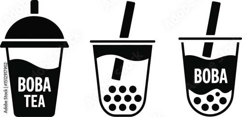 Three black and white boba tea illustrations with straws and tapioca pearls on a white background