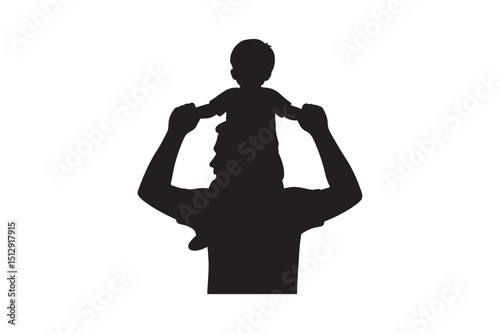 Dad carrying kid on shoulders silhouette vector art illustration on white background