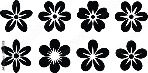 Eight black flower icons with varying petal shapes arranged on a plain white background in a pattern
