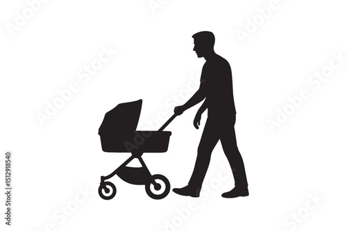 Dad with baby stroller silhouette vector art illustration on white background