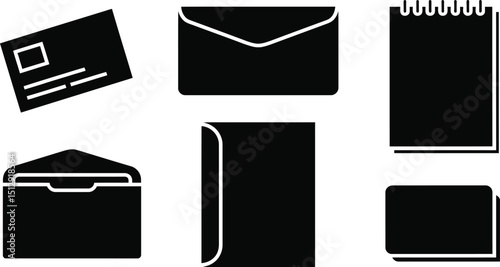 A collection of black and white vector icons depicting envelopes, cards, and a notepad on white background
