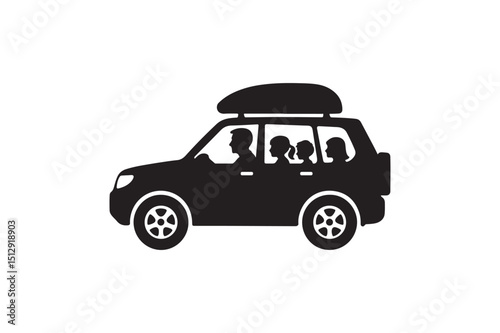 Family car road trip silhouette vector art illustration on white background