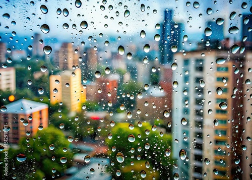 Rain Drops on Window, Cityscape Background, AI Photo