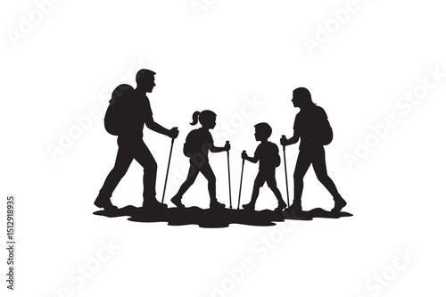 Family hiking scene silhouette vector art illustration on white background
