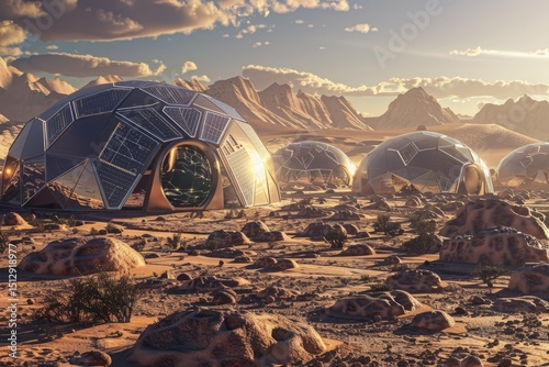 Futuristic Mars Colony with Domed Habitats and Solar Panels in a Desert Landscape