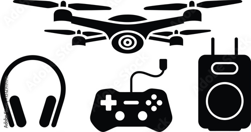 A collection of various electronic devices including a drone headphones game controller and speaker