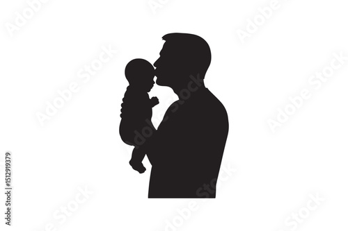 Father kissing baby silhouette vector art illustration on white background