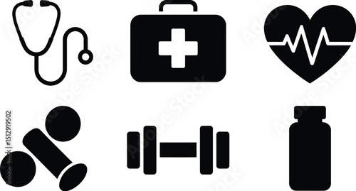 A collection of health and fitness icons featuring medical equipment and exercise tools in black and white