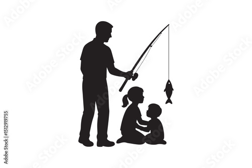 Fishing with child silhouette vector art illustration on white background
