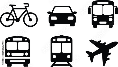 Illustration of various transportation methods including bicycle car bus train and airplane icons isolated