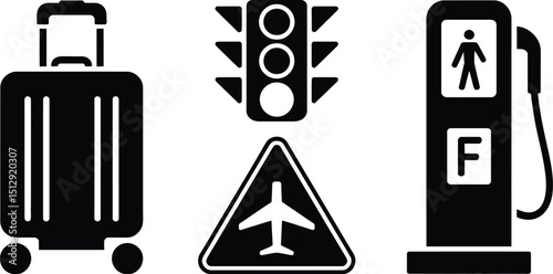 A black and white image showing a suitcase, traffic light, airplane sign, and fueling station icon set up