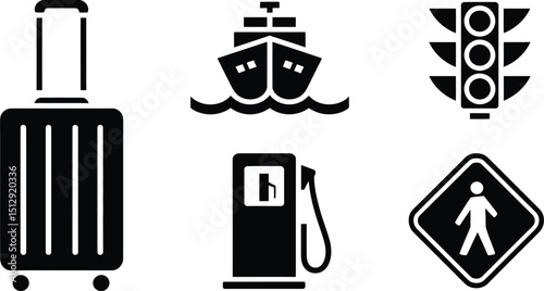 A collection of black and white icons including a suitcase, ship, traffic light and a gas pump icon