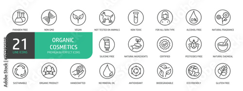 Set Of Natural Organics Line Icons. Contains such icons as GMO Free, Safe For Children, Non Toxic, For All Skin Type, Alcohol Free, Natural Fragrance, and more.
