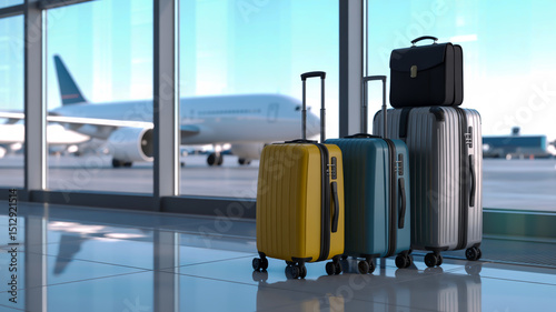 A photorealistic 3D render of four hard-shell suitcases positioned in an airport terminal