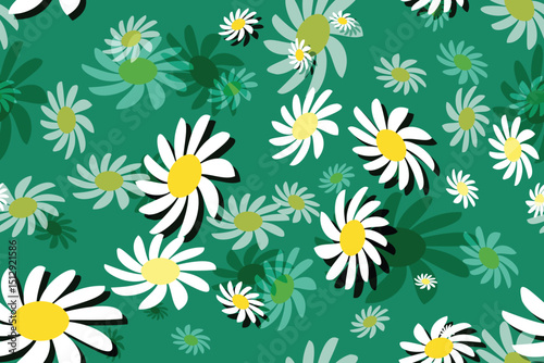 Seamless floral pattern with White daisy camomiles, perfect for spring and summer nature-inspired designs Green Background