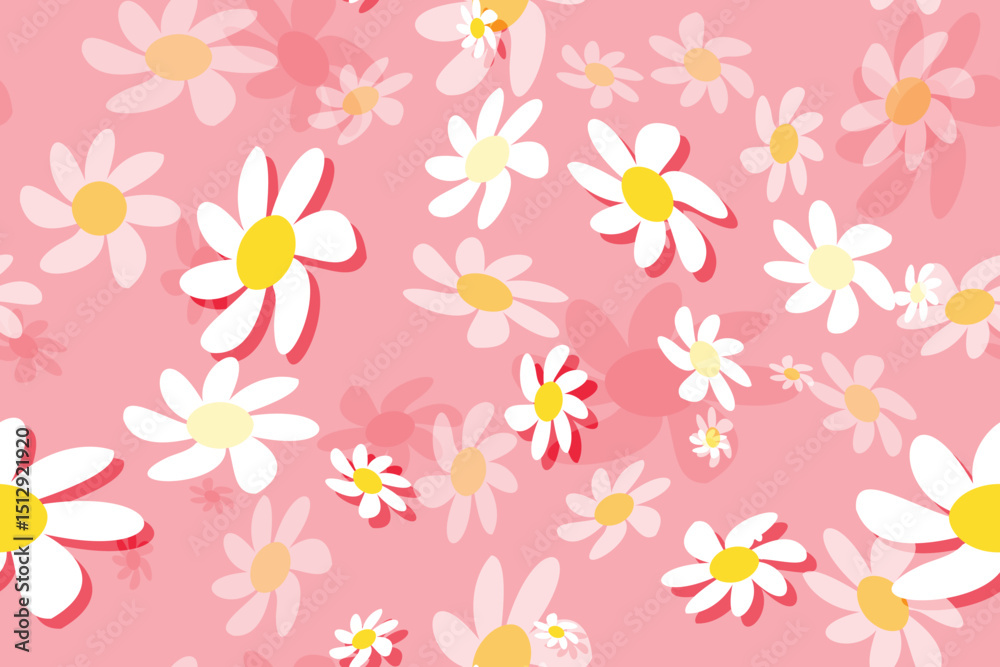 Seamless floral pattern with white and yellow daisy flowers, a beautiful spring nature illustration design pink background