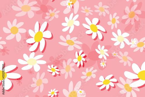 Seamless floral pattern with white and yellow daisy flowers, a beautiful spring nature illustration design pink background
