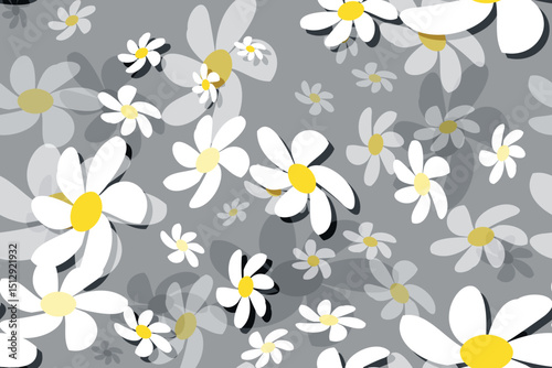 Seamless floral pattern with White daisy camomiles, perfect for spring and summer nature-inspired designs Gray Background